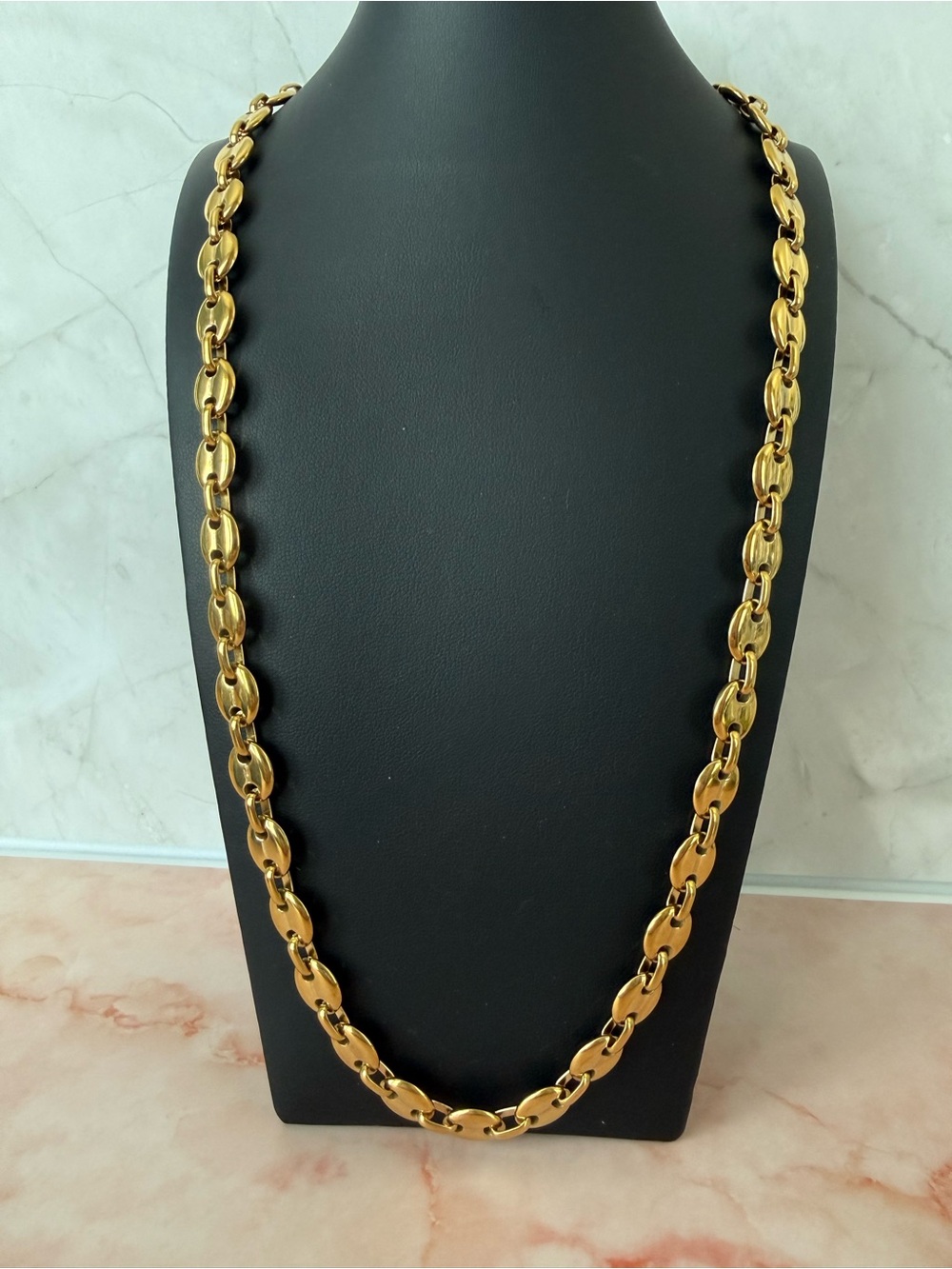 Talidara | Gold Plated Puffed Mariner/Coffee Bean Link Long Necklace